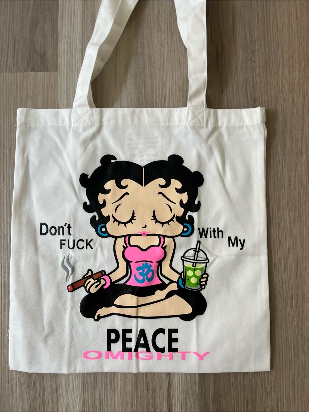 omighty White Tote with Black and Pink Graphic